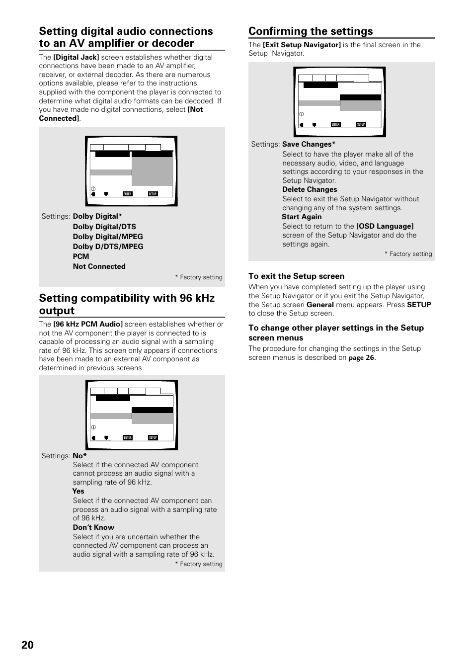 20 confirming the settings, Setting compatibility with 96 khz output | Pioneer DV-C603 User Manual | Page 20 / 64