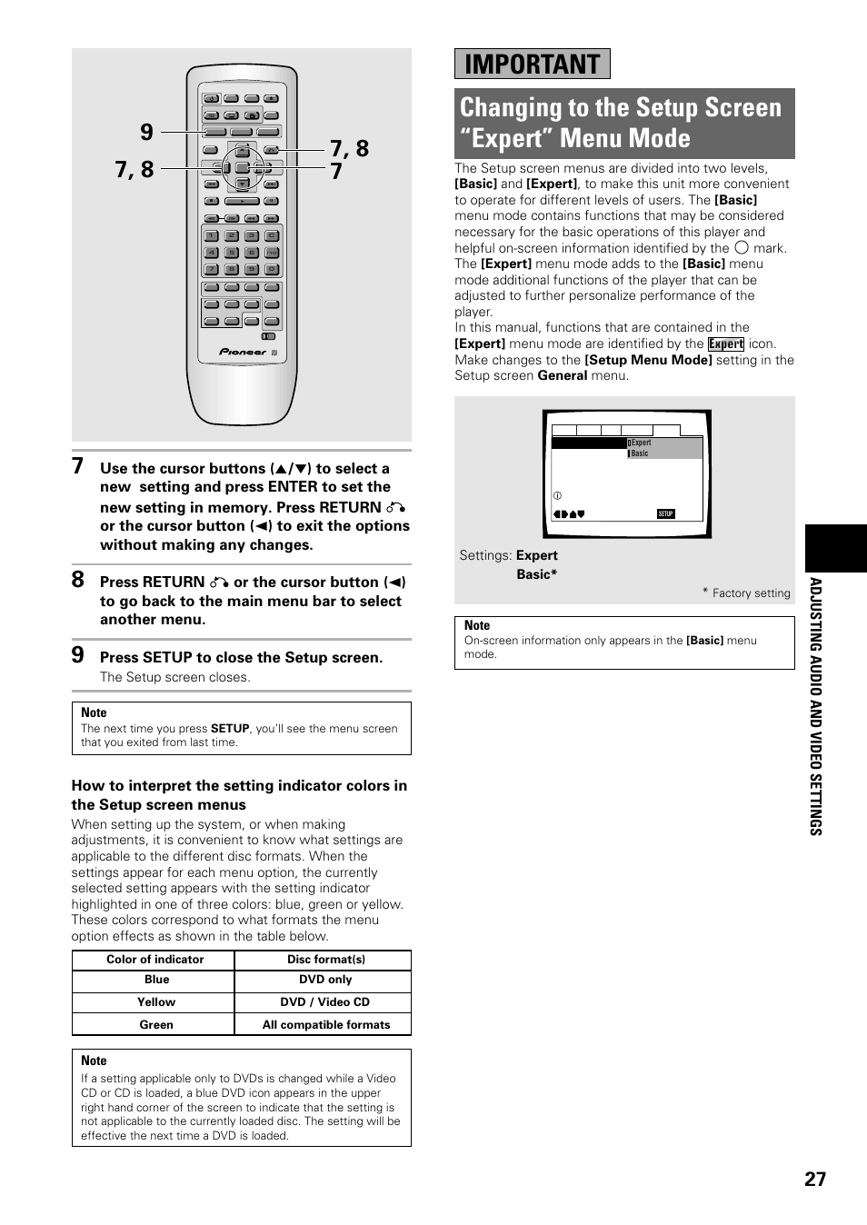Changing to the setup screen “expert, Menu mode, Changing to the setup screen “expert” menu mode | Important, Adjusting audio and video settings, Press setup to close the setup screen, The setup screen closes, Settings: expert basic | Pioneer DV-C603 User Manual | Page 27 / 64