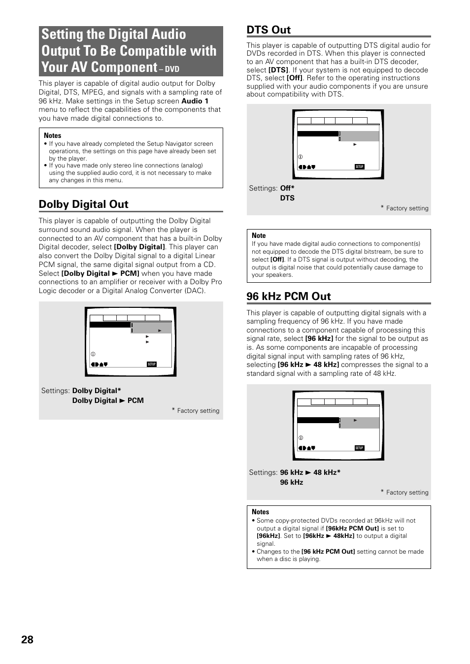 Setting the digital audio output to be, Compatible with your av component, Dolby digital out | Dts out, 96 khz pcm out | Pioneer DV-C603 User Manual | Page 28 / 64
