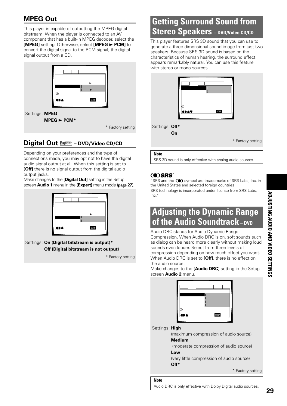 Getting surround sound from, Stereo speakers, Adjusting the dynamic range of the audio | Soundtrack, Getting surround sound from stereo speakers, Digital out, Mpeg out, Adjusting audio and video settings, Dvd/video cd/cd | Pioneer DV-C603 User Manual | Page 29 / 64