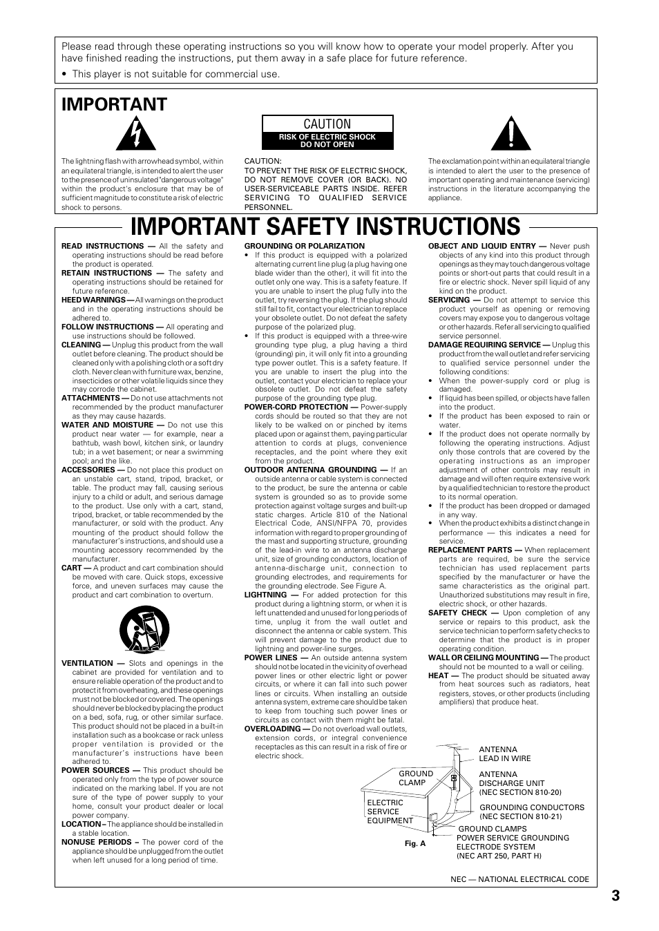 Important safety instructions, Important, Caution | Pioneer DV-C603 User Manual | Page 3 / 64