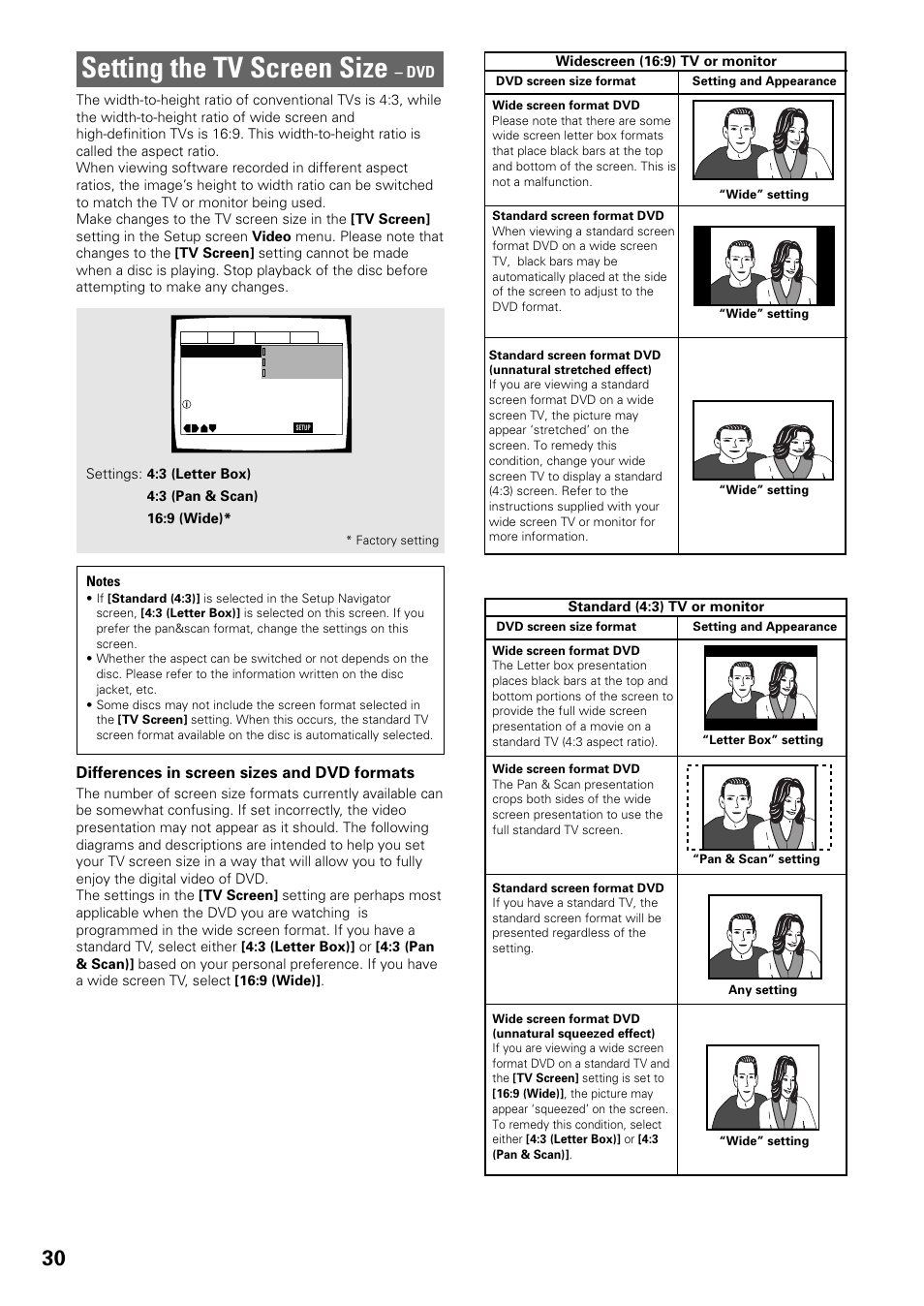 Setting the tv screen size, Differences in screen sizes and dvd formats | Pioneer DV-C603 User Manual | Page 30 / 64