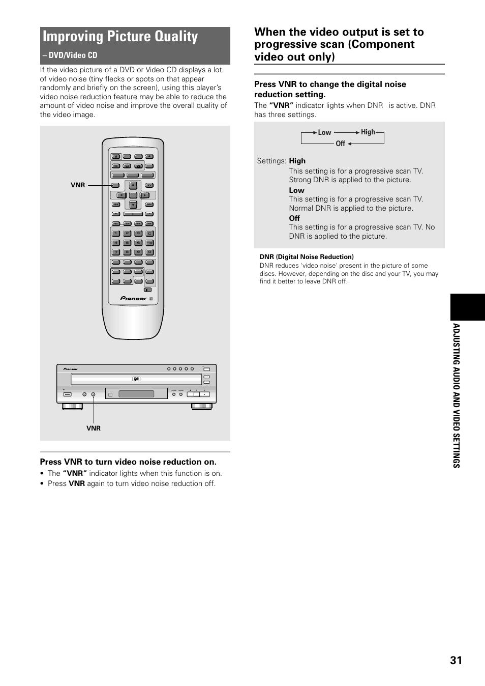 Improving picture quality, Adjusting audio and video settings, Dvd/video cd | Press vnr to turn video noise reduction on, Disc skip, Open/close exchange, The “vnr” indicator lights when dnr | Pioneer DV-C603 User Manual | Page 31 / 64