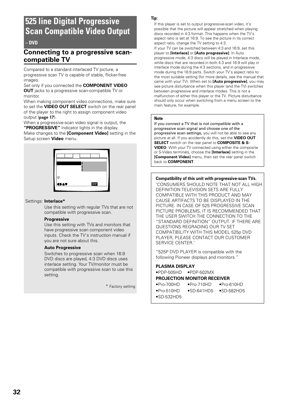 525 line digital progressive scan component, Video output, Connecting to a progressive scan- compatible tv | Pioneer DV-C603 User Manual | Page 32 / 64