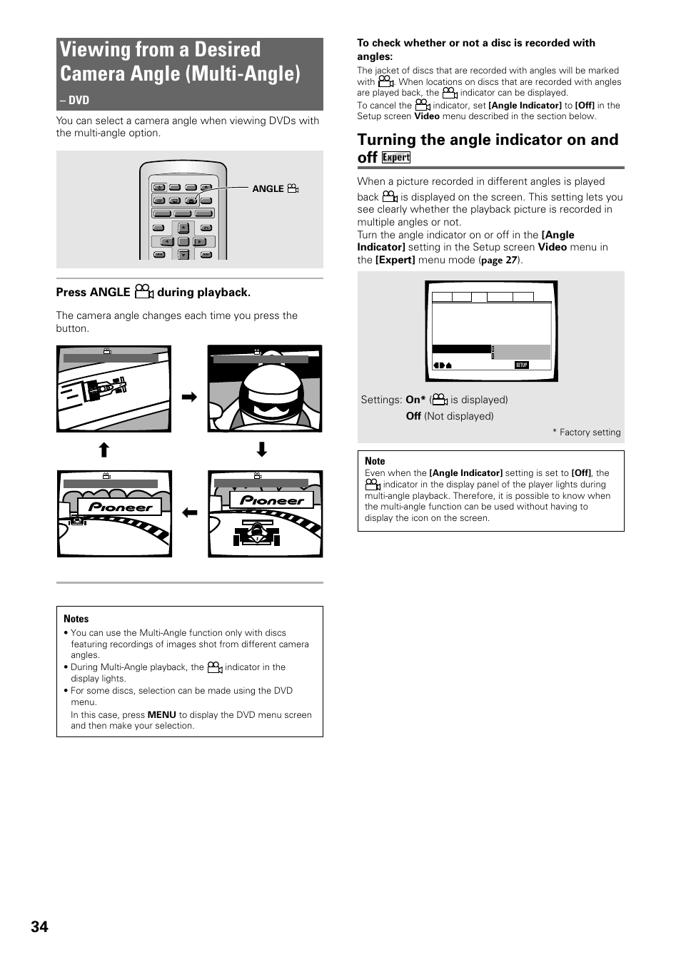 Viewing from a desired camera angle, Multi-angle), Viewing from a desired camera angle (multi-angle) | Turning the angle indicator on and off, Press angle during playback, Expert, Settings: on* ( is displayed) off (not displayed) | Pioneer DV-C603 User Manual | Page 34 / 64
