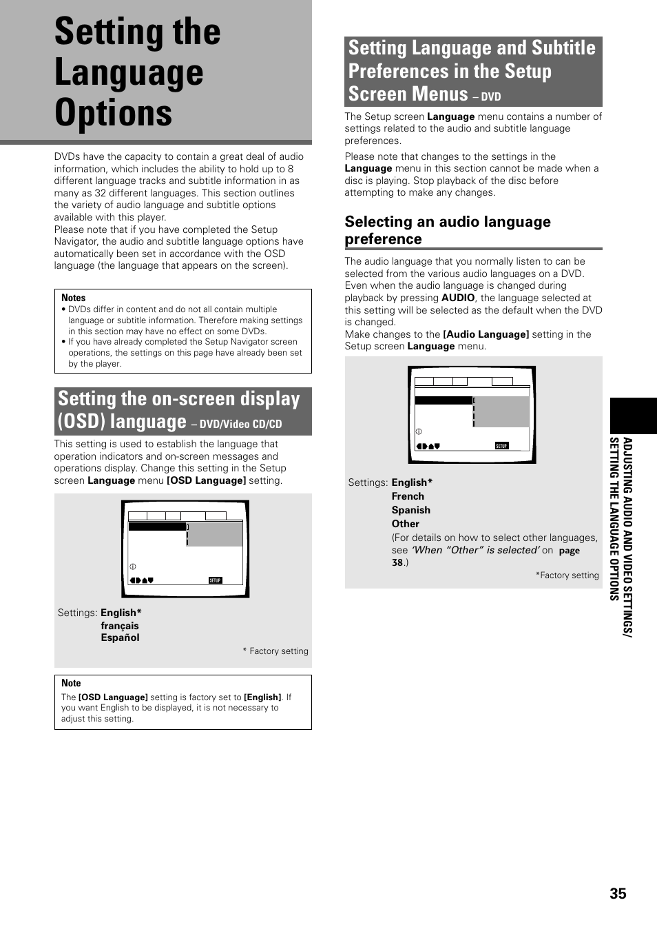 Setting the language options, Setting the on-screen display, Osd) language | Setting language and subtitle preferences in, The setup screen menus, Setting the on-screen display (osd) language, Selecting an audio language preference | Pioneer DV-C603 User Manual | Page 35 / 64