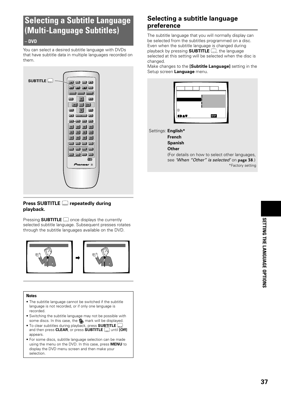 Selecting a subtitle language, Multi-language subtitles), Selecting a subtitle language preference | Setting the language options, Press subtitle repeatedly during playback, When “other” is selected, On page 38 .), Subtitle, Factory setting | Pioneer DV-C603 User Manual | Page 37 / 64