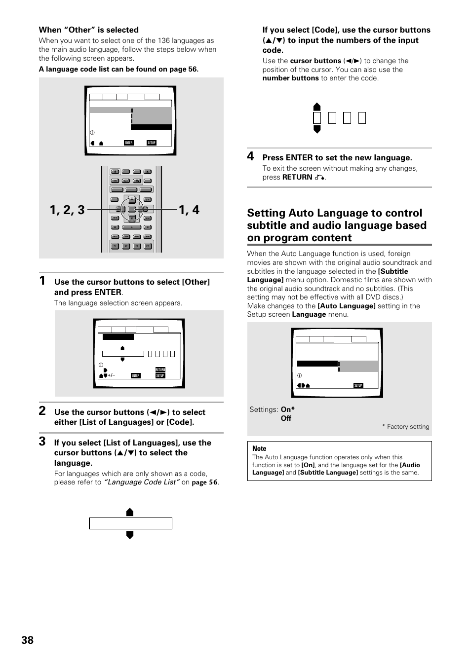 Ja: japanese list of languages, When “other” is selected, Press enter to set the new language | Language code list, The language selection screen appears, On page 56 | Pioneer DV-C603 User Manual | Page 38 / 64