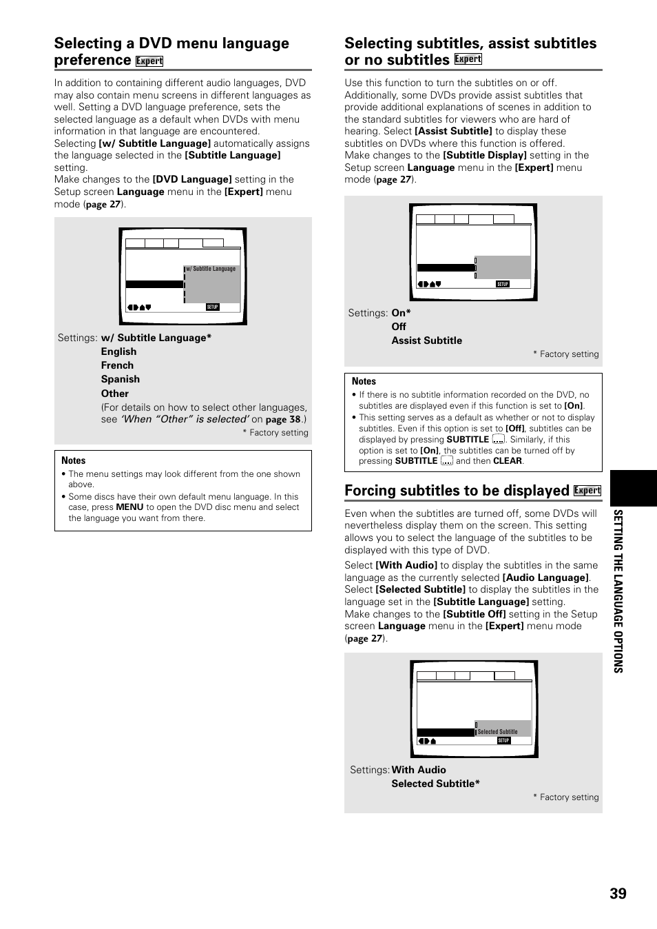Selecting a dvd menu language preference, Forcing subtitles to be displayed, Setting the language options | When “other” is selected | Pioneer DV-C603 User Manual | Page 39 / 64