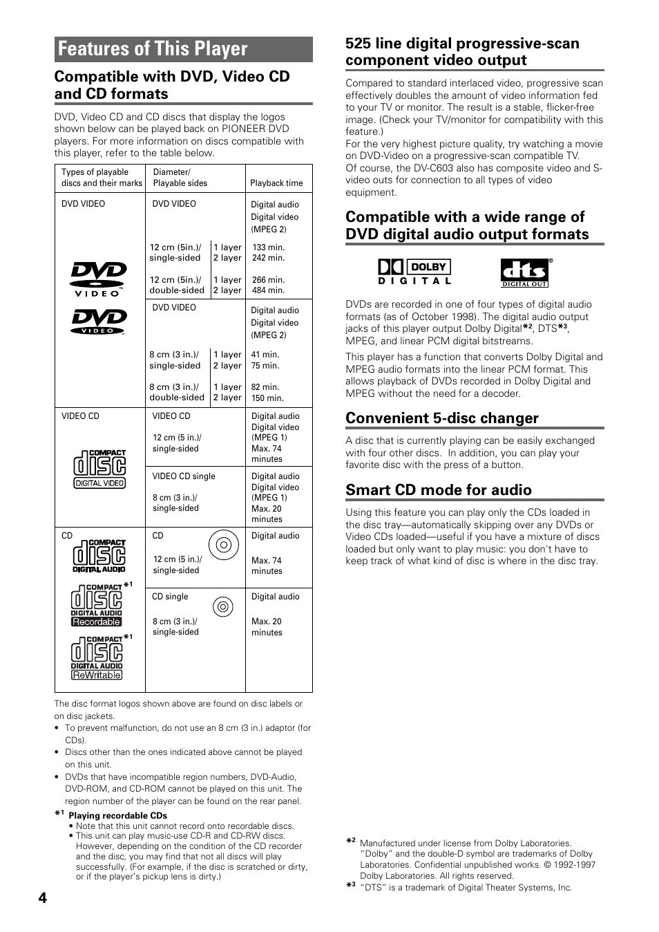 Features of this player, Compatible with dvd, video cd and cd formats, Convenient 5-disc changer | Smart cd mode for audio | Pioneer DV-C603 User Manual | Page 4 / 64