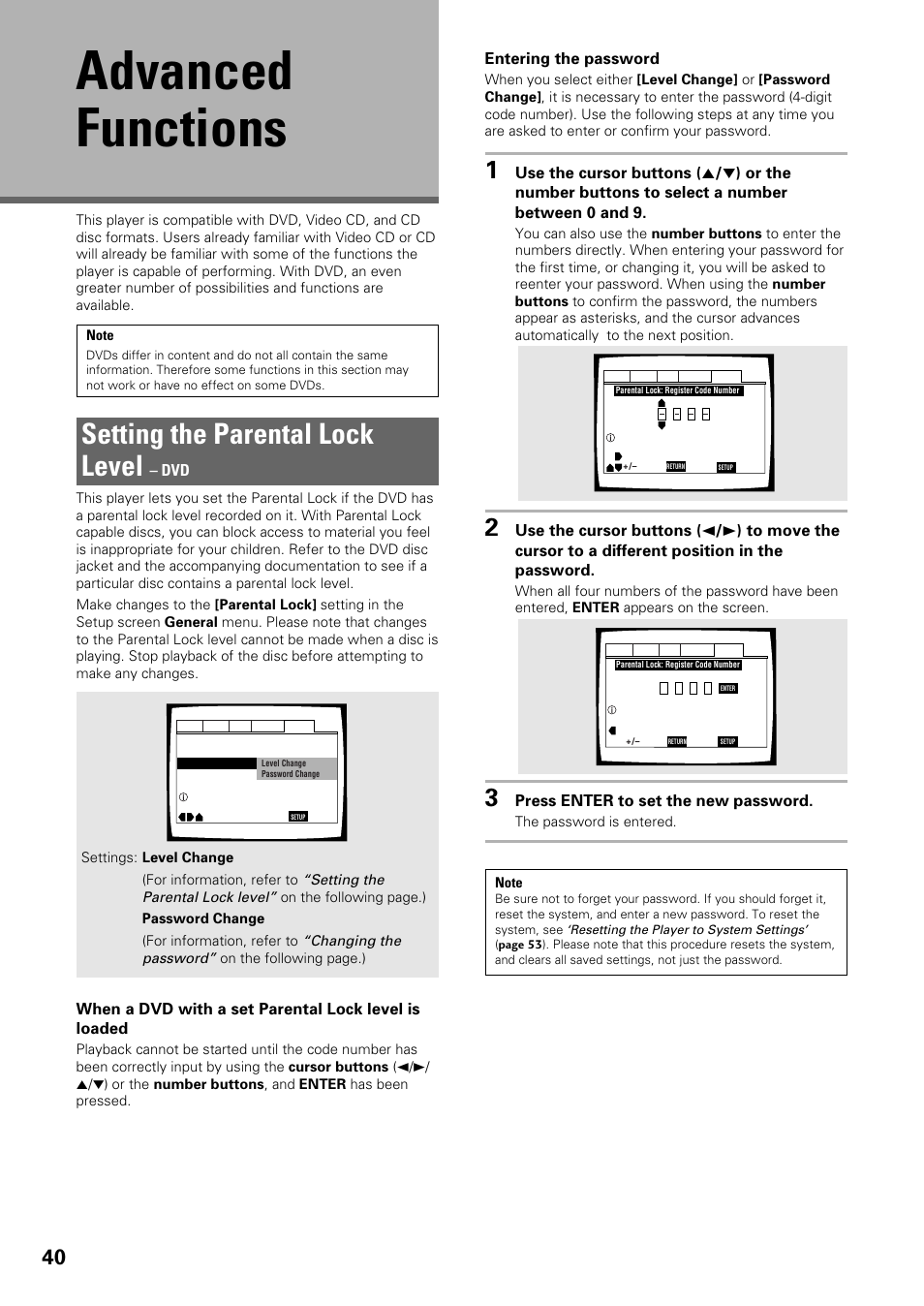 Advanced functions, Setting the parental lock level | Pioneer DV-C603 User Manual | Page 40 / 64