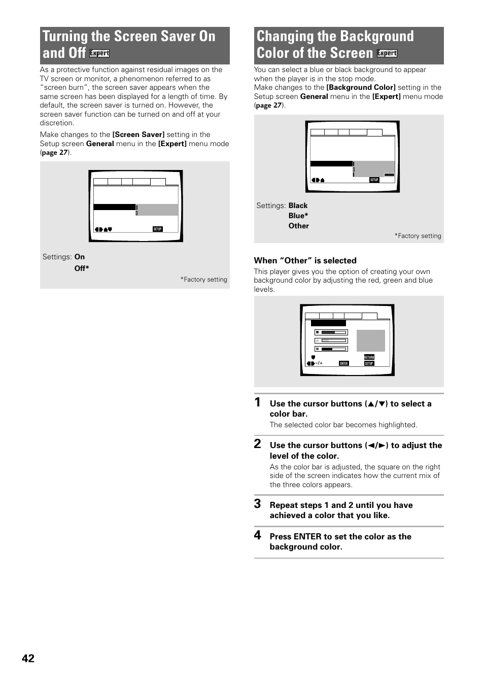 Of the screen, Changing the background color of the screen, Turning the screen saver on and off | When “other” is selected | Pioneer DV-C603 User Manual | Page 42 / 64