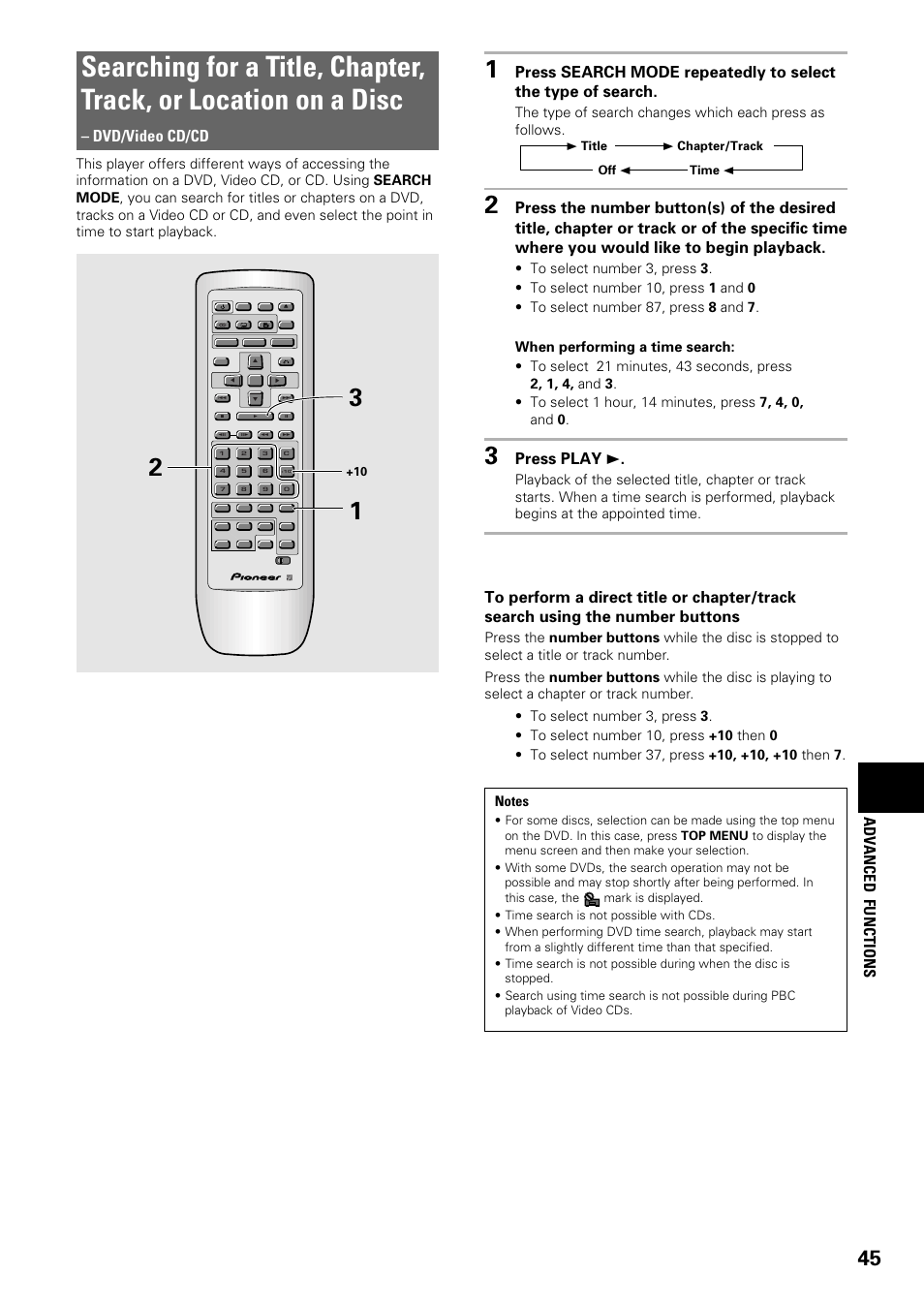 Searching for a title, chapter, track, Or location on a disc, Adv anced functions | Dvd/video cd/cd, Press play 3, 3 title 3 chapter/track off 2 time 2 | Pioneer DV-C603 User Manual | Page 45 / 64