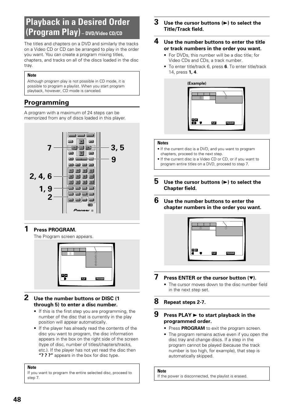 Playback in a desired order, Program play), Playback in a desired order (program play) | Programming, Dvd/video cd/cd, Press program, Press enter or the cursor button ( ∞ ), Repeat steps 2-7, The program screen appears | Pioneer DV-C603 User Manual | Page 48 / 64