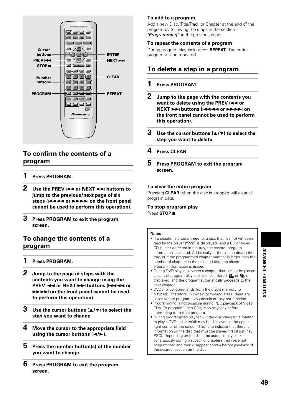 Adv anced functions, Press program, Press program to exit the program screen | Press clear, Programming | Pioneer DV-C603 User Manual | Page 49 / 64
