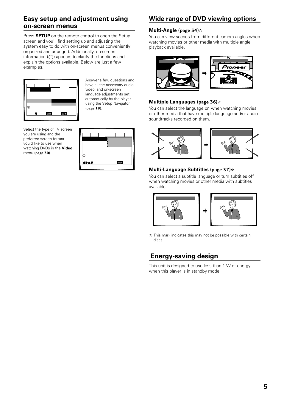 5wide range of dvd viewing options, Energy-saving design, Easy setup and adjustment using on-screen menus | Multi-angle (page 34), Multiple languages (page 36), Multi-language subtitles (page 37), Hello hola | Pioneer DV-C603 User Manual | Page 5 / 64