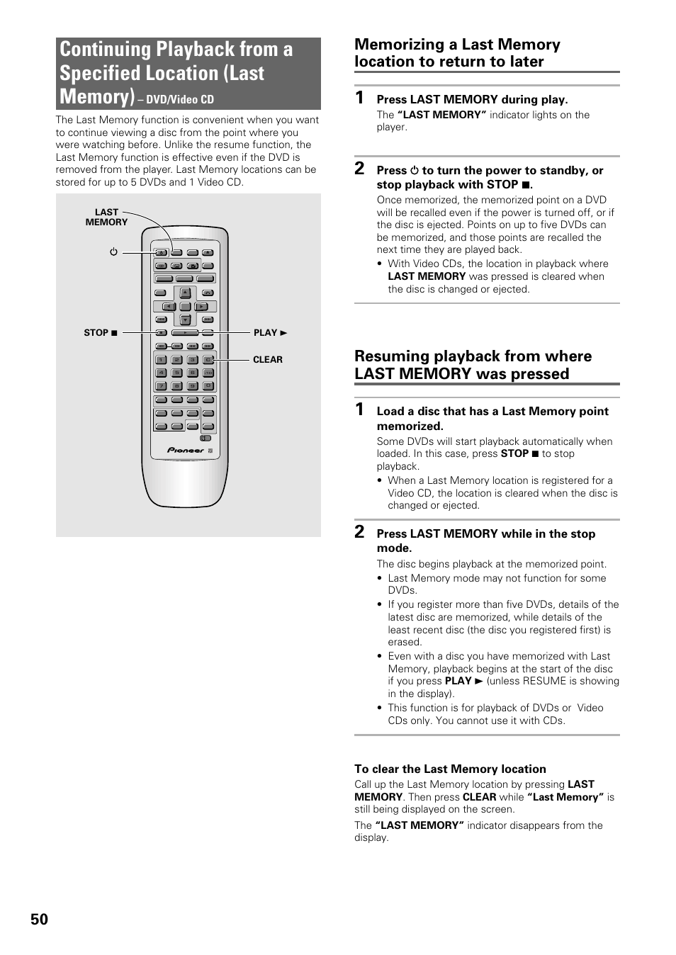 Continuing playback from a, Specified location (last memory), Dvd/video cd | Pioneer DV-C603 User Manual | Page 50 / 64