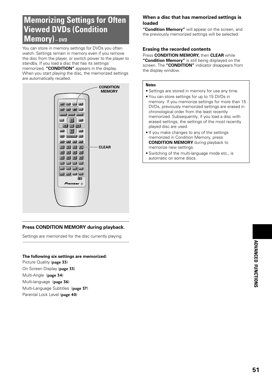 Memorizing settings for often, Viewed dvds (condition memory), Adv anced functions | Erasing the recorded contents | Pioneer DV-C603 User Manual | Page 51 / 64