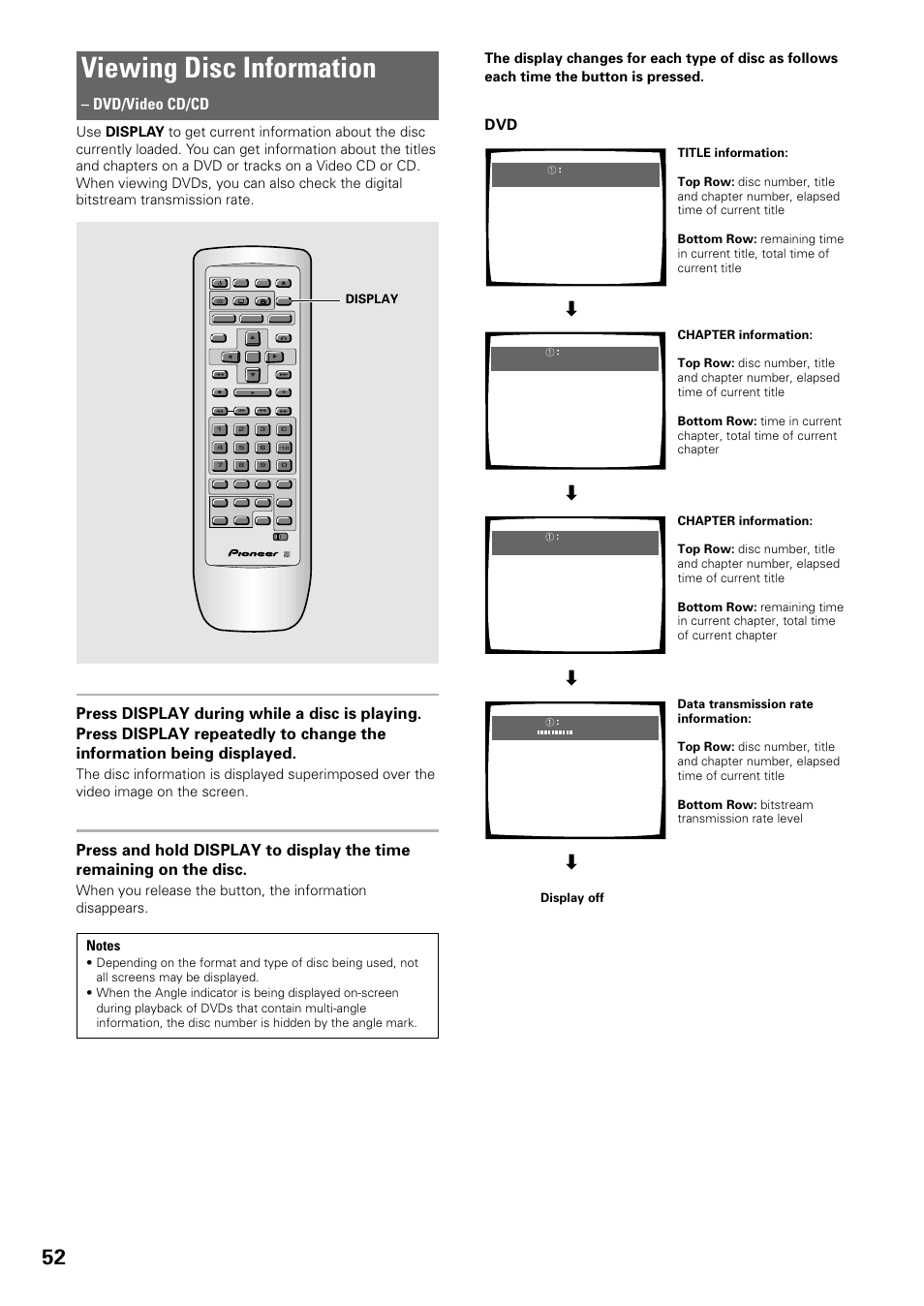 Viewing disc information, Dvd/video cd/cd, Display | Pioneer DV-C603 User Manual | Page 52 / 64