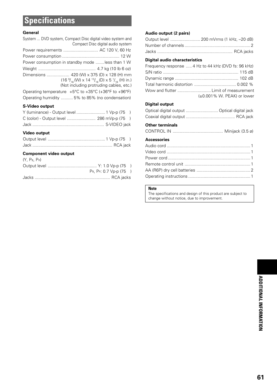 Specifications | Pioneer DV-C603 User Manual | Page 61 / 64