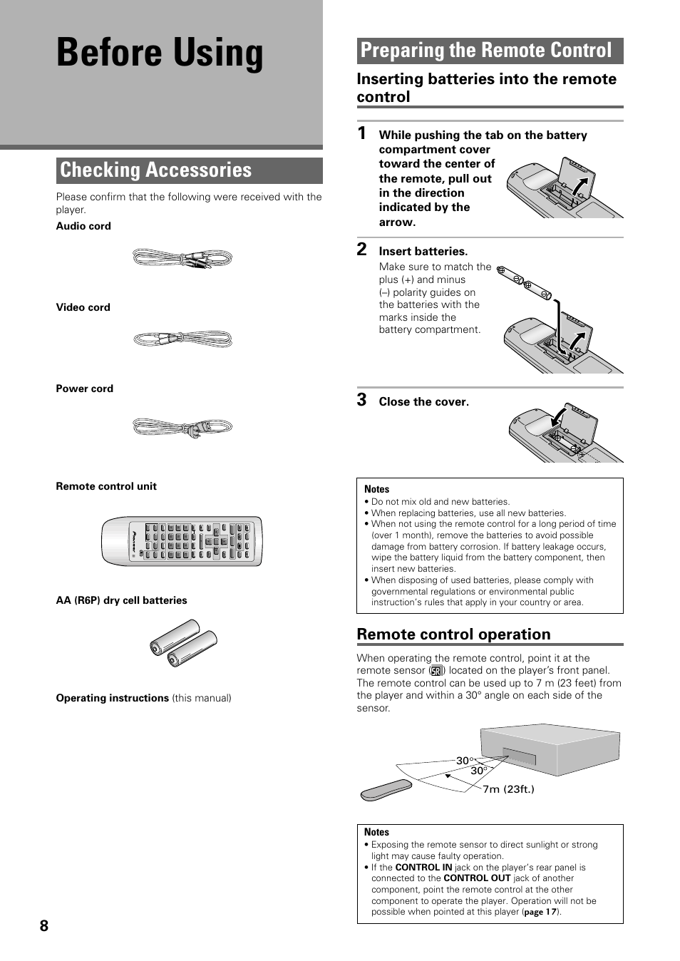 Before using, Checking accessories preparing the remote control, Preparing the remote control | Checking accessories, Inserting batteries into the remote control, Remote control operation, Insert batteries, Close the cover, A- b | Pioneer DV-C603 User Manual | Page 8 / 64