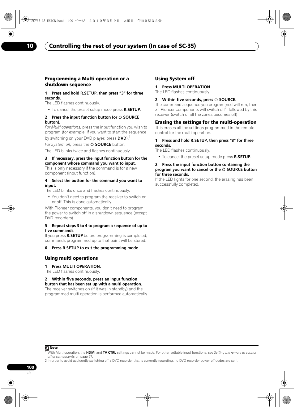 Using multi operations, Using system off, Erasing the settings for the multi-operation | Pioneer Elite SC-35 User Manual | Page 100 / 148