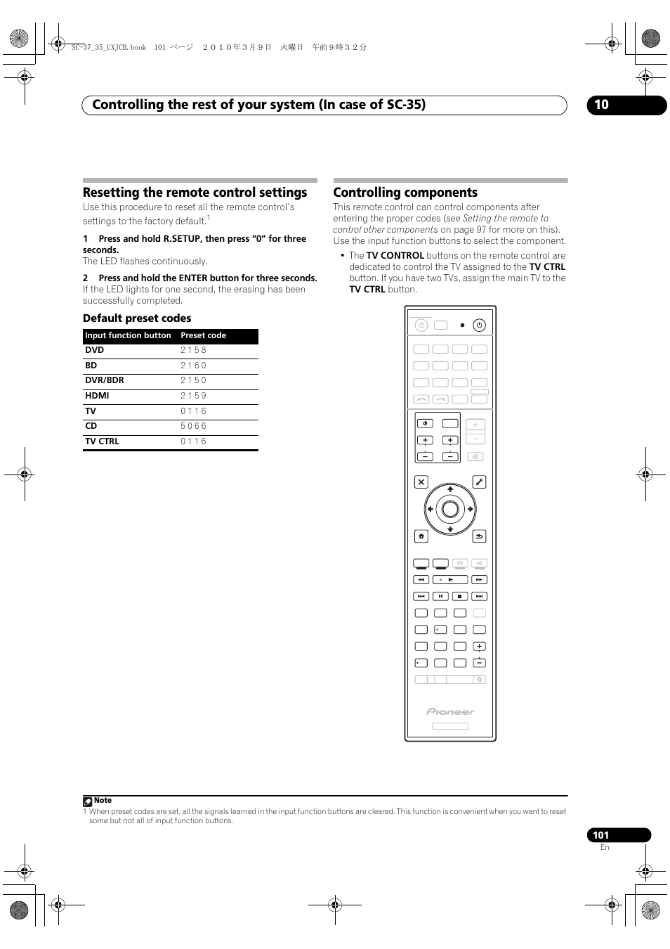 Resetting the remote control settings, Default preset codes, Controlling components | Pioneer Elite SC-35 User Manual | Page 101 / 148