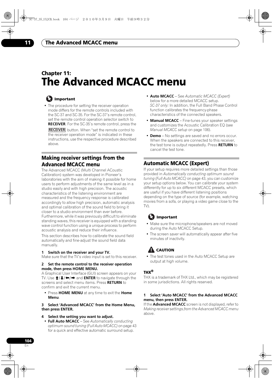 The advanced mcacc menu, Automatic mcacc (expert), 11 the advanced mcacc menu | The advanced mcacc menu 11, Chapter 11 | Pioneer Elite SC-35 User Manual | Page 104 / 148