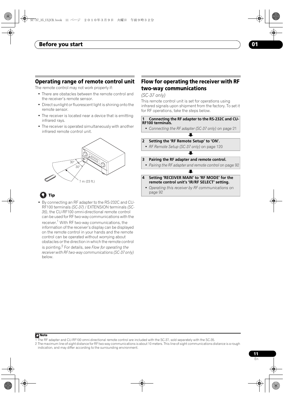 Operating range of remote control unit, Before you start 01 | Pioneer Elite SC-35 User Manual | Page 11 / 148