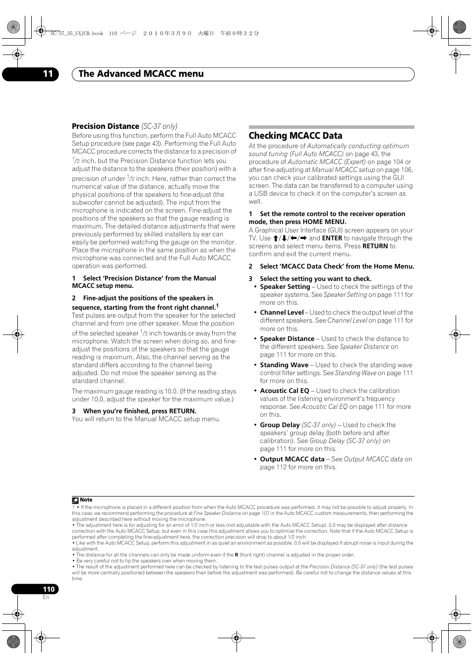 Precision distance (sc-37 only), Checking mcacc data, The advanced mcacc menu 11 | Pioneer Elite SC-35 User Manual | Page 110 / 148