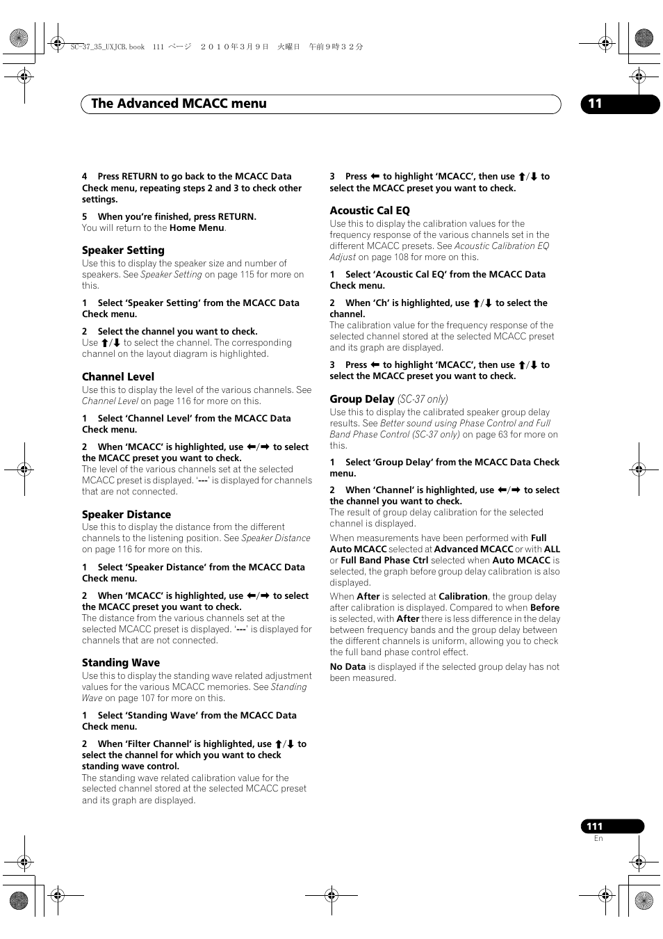 Speaker setting, Channel level, Speaker distance | Standing wave, Acoustic cal eq, Group delay (sc-37 only), The advanced mcacc menu 11 | Pioneer Elite SC-35 User Manual | Page 111 / 148