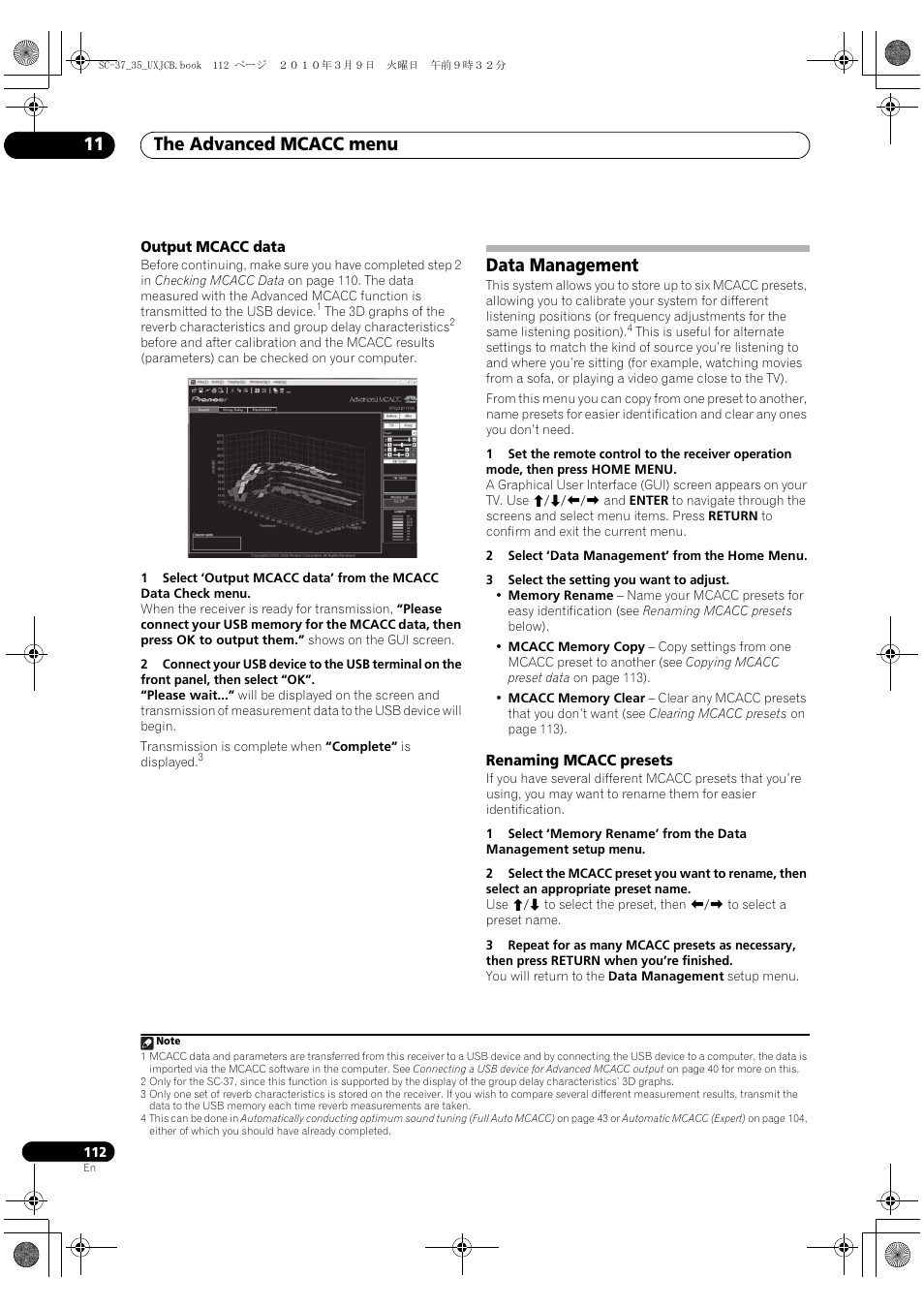 Output mcacc data, Data management, Renaming mcacc presets | The advanced mcacc menu 11 | Pioneer Elite SC-35 User Manual | Page 112 / 148