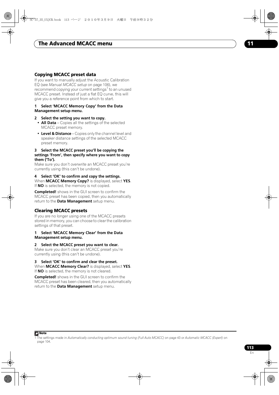 Copying mcacc preset data, Clearing mcacc presets, Copying mcacc preset data clearing mcacc presets | The advanced mcacc menu 11 | Pioneer Elite SC-35 User Manual | Page 113 / 148