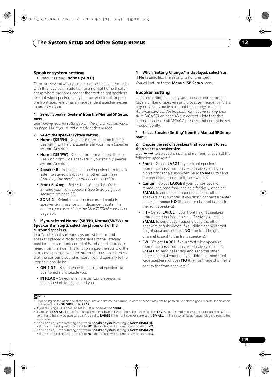 Speaker system setting, Speaker setting, Speaker system setting speaker setting | The system setup and other setup menus 12 | Pioneer Elite SC-35 User Manual | Page 115 / 148