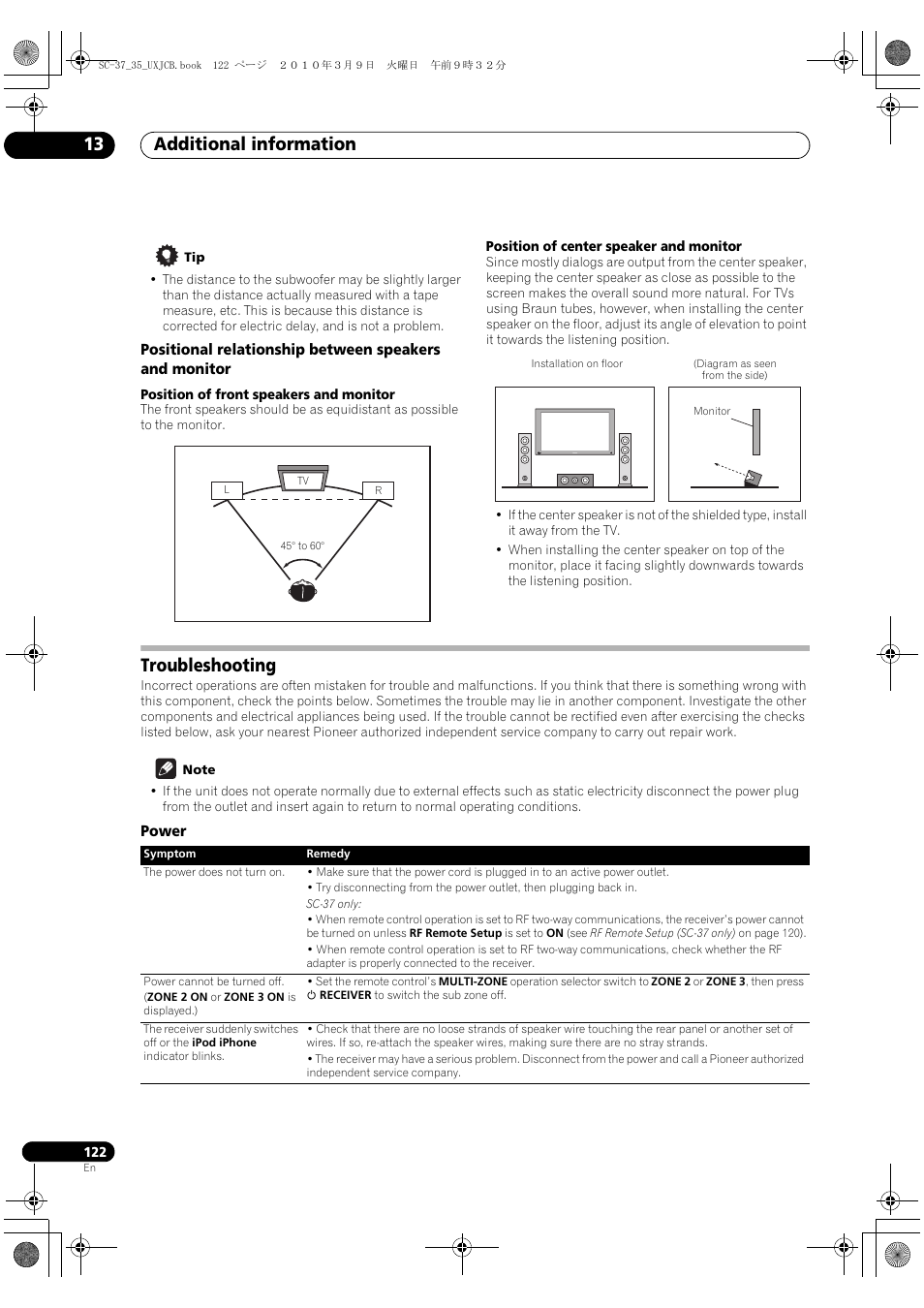 Troubleshooting, Power, Additional information 13 | Pioneer Elite SC-35 User Manual | Page 122 / 148