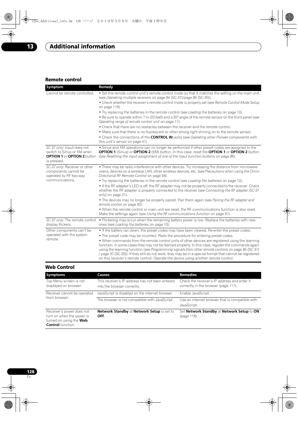 Remote control, Web control, Remote control web control | Additional information 13 | Pioneer Elite SC-35 User Manual | Page 128 / 148