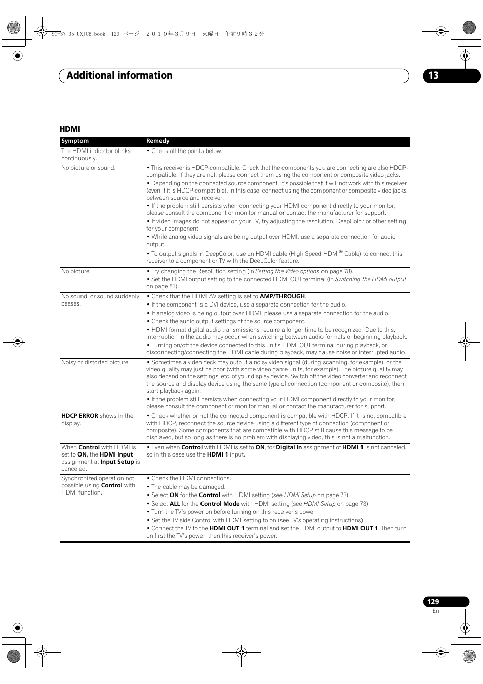 Hdmi, Additional information 13 | Pioneer Elite SC-35 User Manual | Page 129 / 148