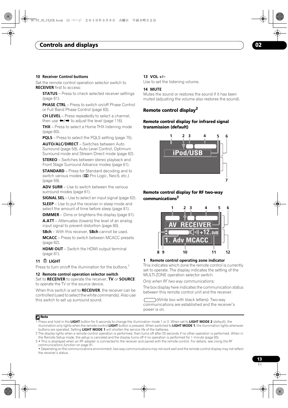 Remote control display, Ipod/usb, Av receiver 1. adv mcacc +12 | Controls and displays 02 | Pioneer Elite SC-35 User Manual | Page 13 / 148