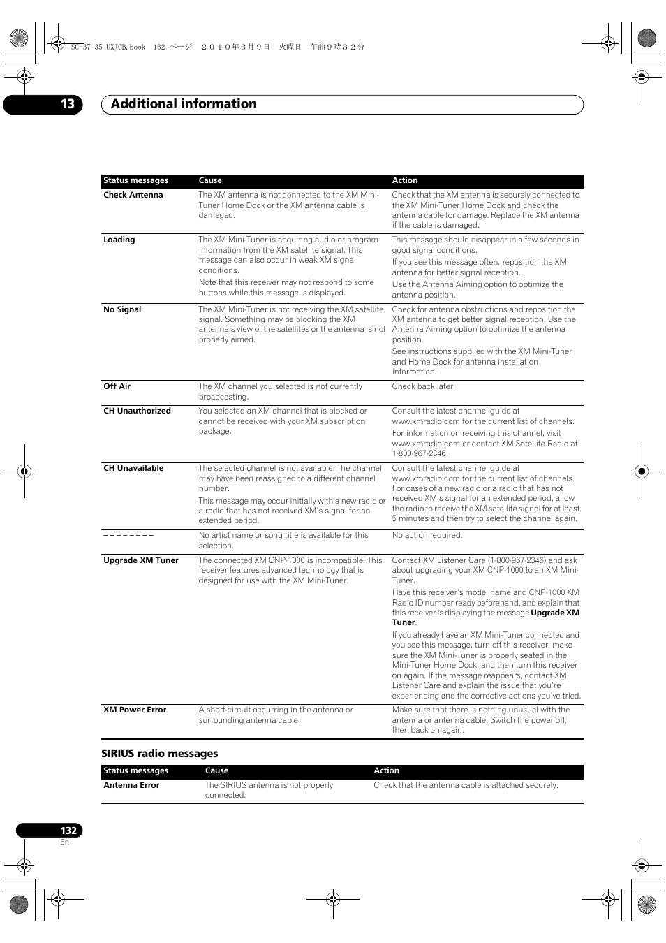 Sirius radio messages, Additional information 13 | Pioneer Elite SC-35 User Manual | Page 132 / 148