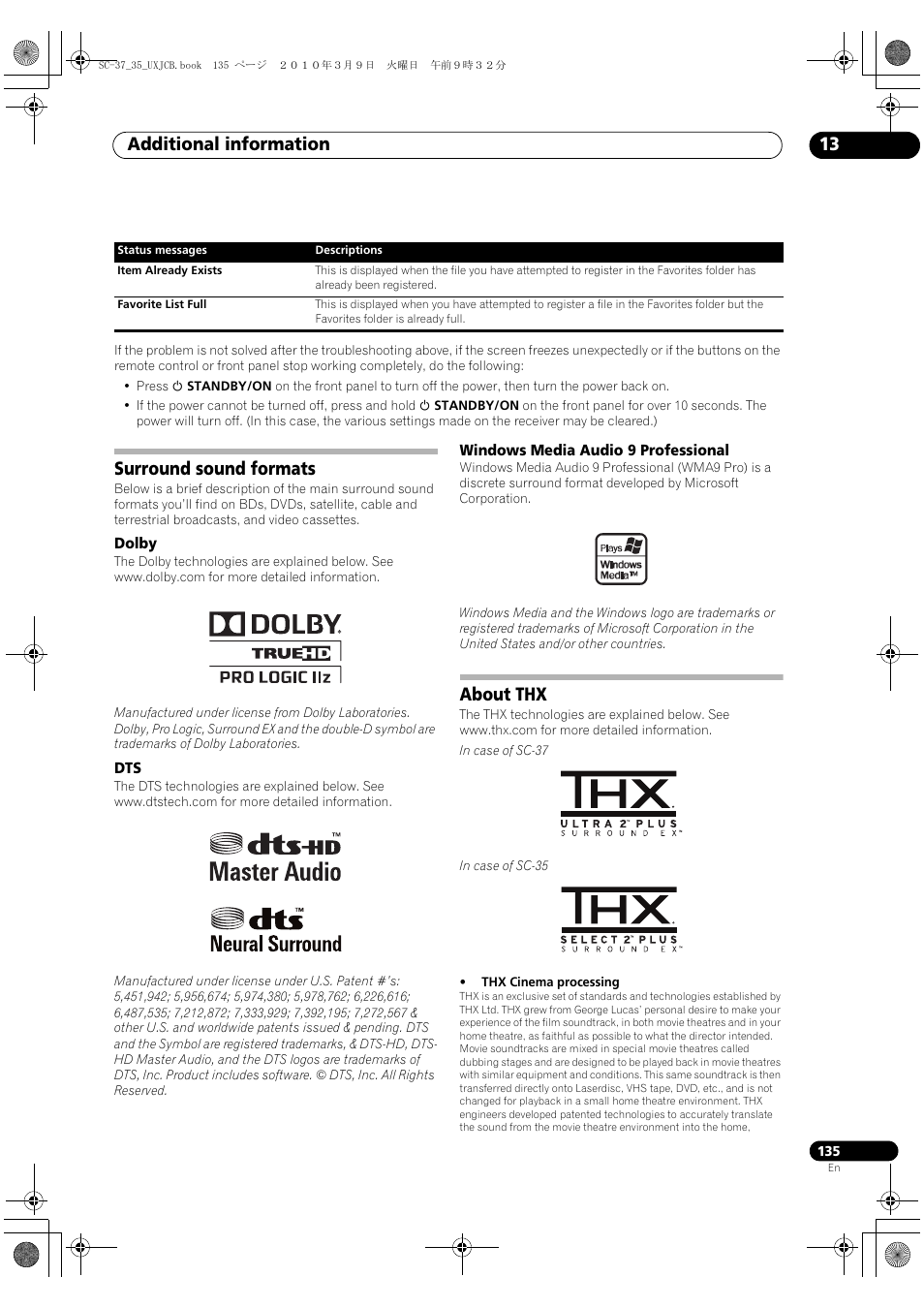 Surround sound formats, Dolby, Windows media audio 9 professional | About thx, Dolby dts windows media audio 9 professional, Additional information 13 | Pioneer Elite SC-35 User Manual | Page 135 / 148