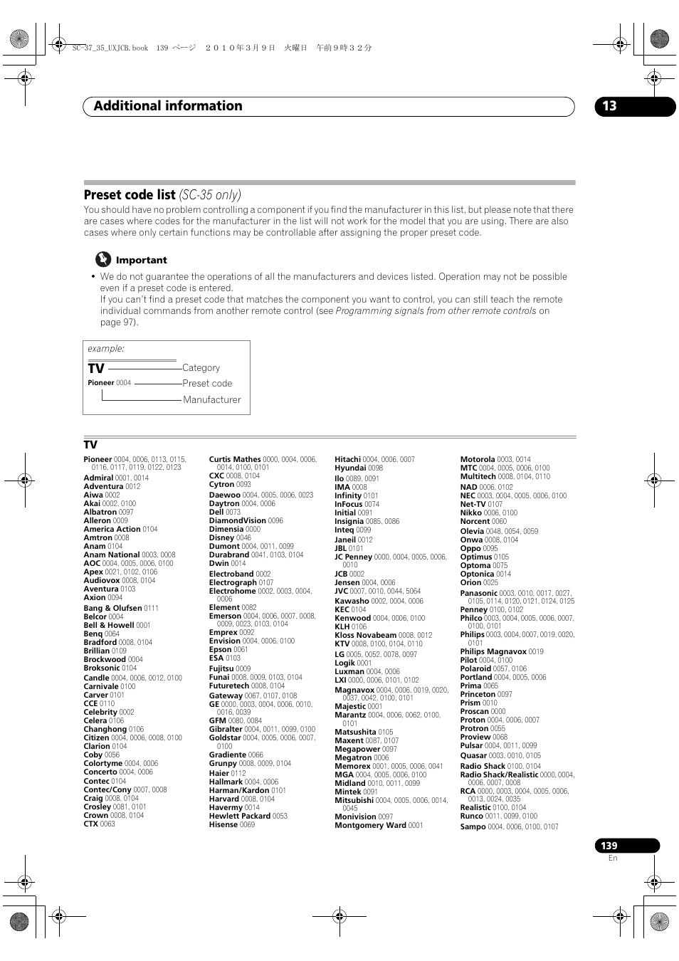 Preset code list (sc-35 only), Additional information 13 | Pioneer Elite SC-35 User Manual | Page 139 / 148