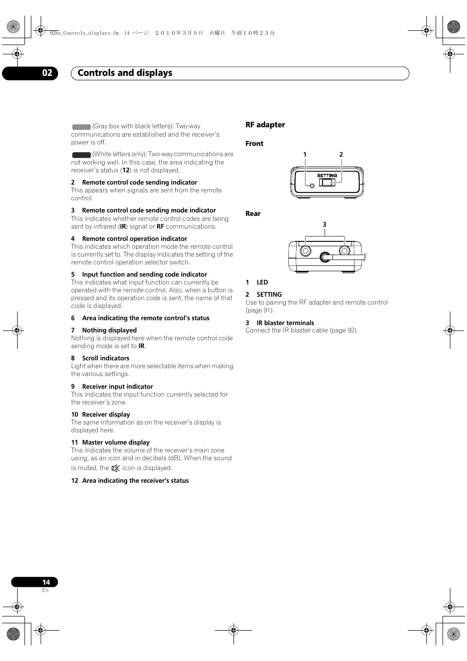 Rf adapter, Controls and displays 02 | Pioneer Elite SC-35 User Manual | Page 14 / 148