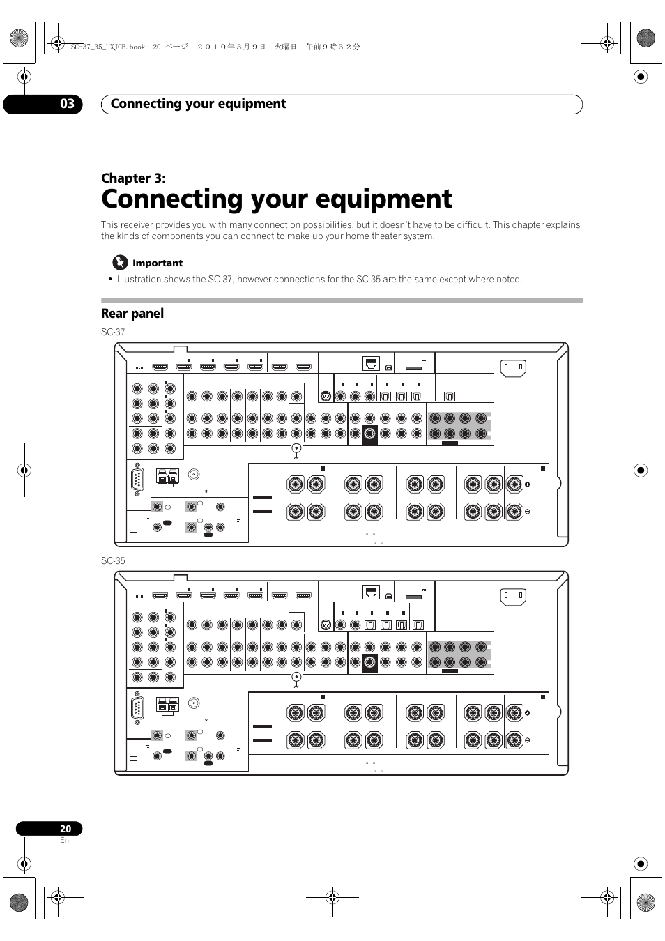 Connecting your equipment, Rear panel, 03 connecting your equipment | Connecting your equipment 03, Chapter 3, Sc-37 sc-35 | Pioneer Elite SC-35 User Manual | Page 20 / 148