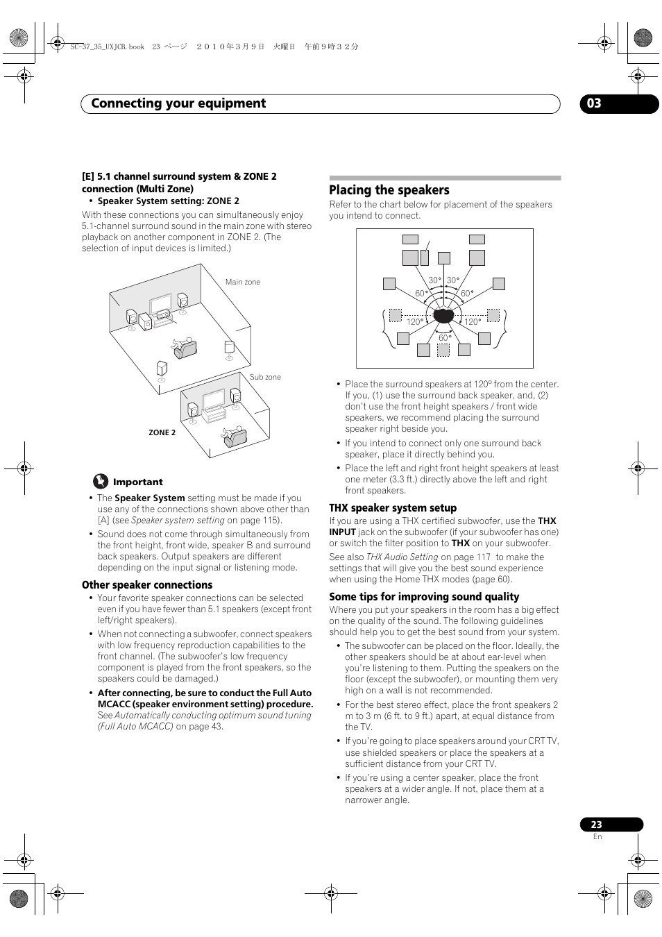 Other speaker connections, Placing the speakers, Thx speaker system setup | Some tips for improving sound quality, Connecting your equipment 03 | Pioneer Elite SC-35 User Manual | Page 23 / 148