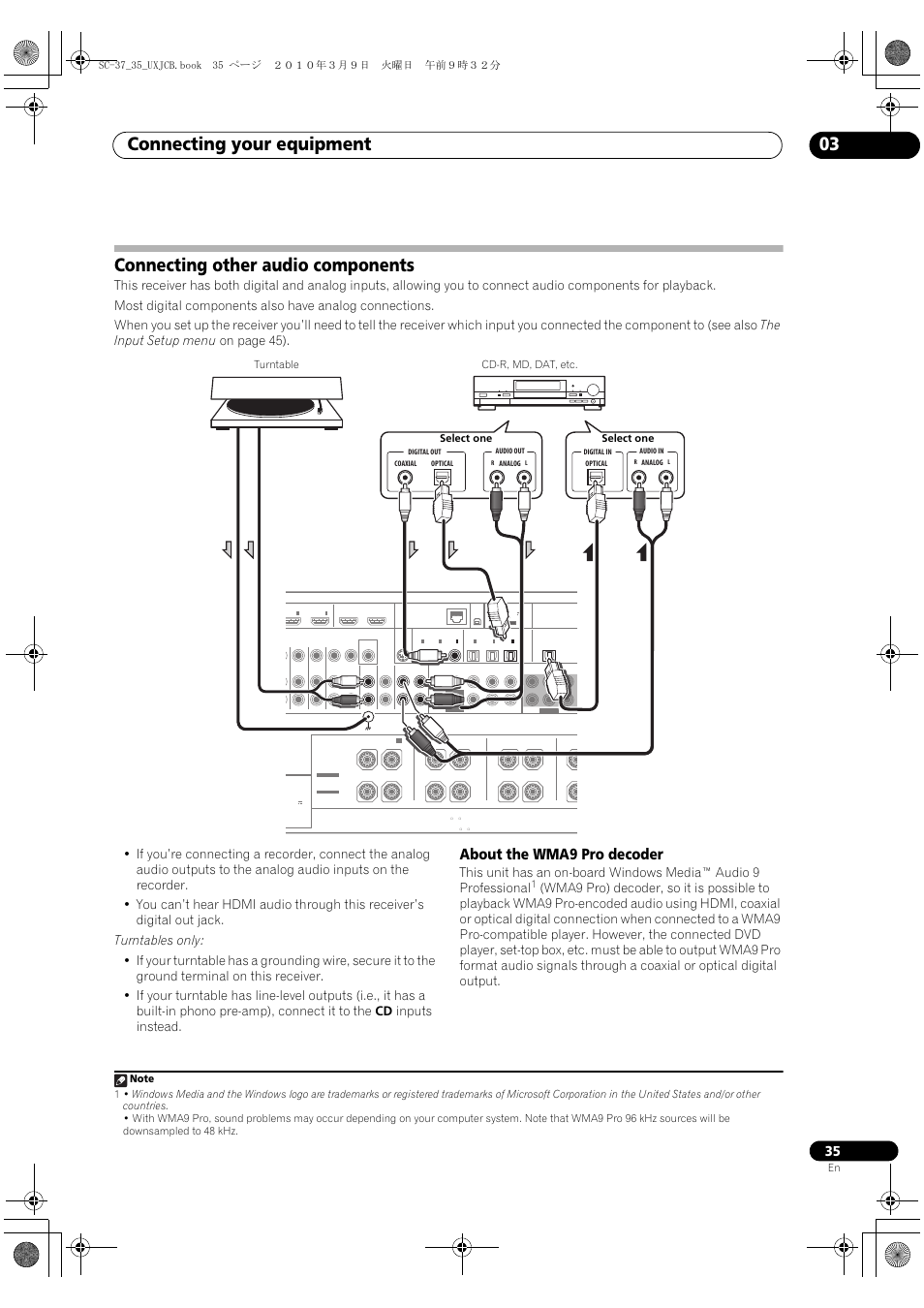 Connecting other audio components, About the wma9 pro decoder, Connecting your equipment 03 | Pioneer Elite SC-35 User Manual | Page 35 / 148