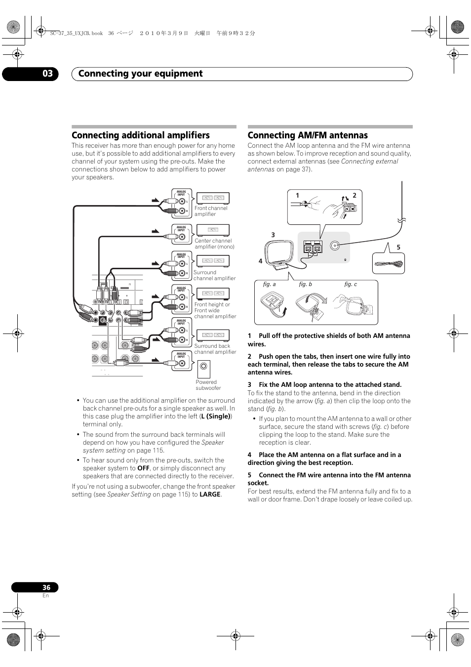 Connecting additional amplifiers, Connecting am/fm antennas, Connecting your equipment 03 | Fig. a fig. b fig. c | Pioneer Elite SC-35 User Manual | Page 36 / 148