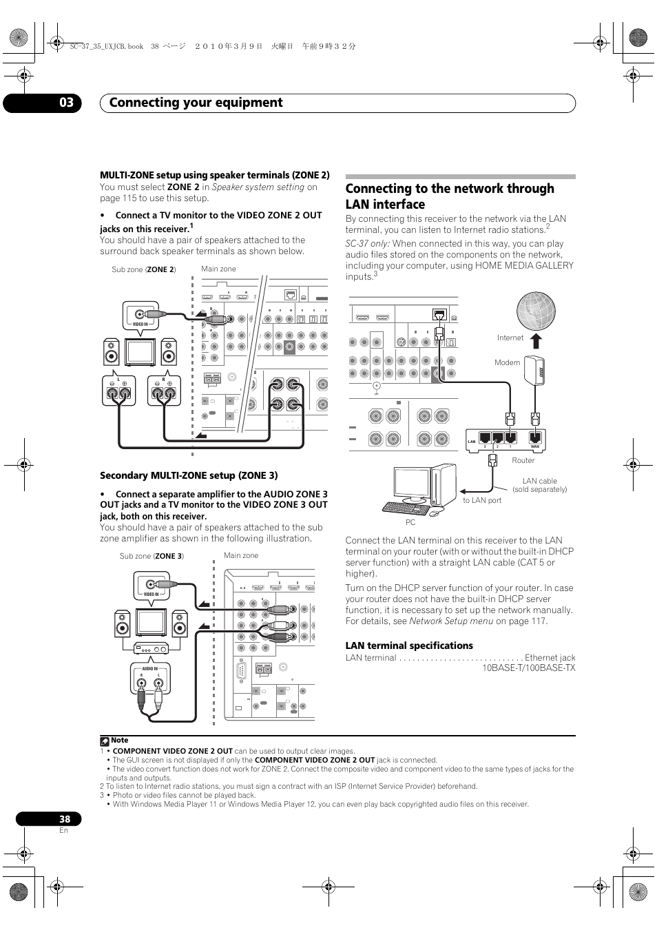 Connecting to the network through lan interface, Connecting your equipment 03, Multi-zone setup using speaker terminals (zone 2) | Secondary multi-zone setup (zone 3), Lan terminal specifications, Main zone sub zone ( zone 2 ) | Pioneer Elite SC-35 User Manual | Page 38 / 148