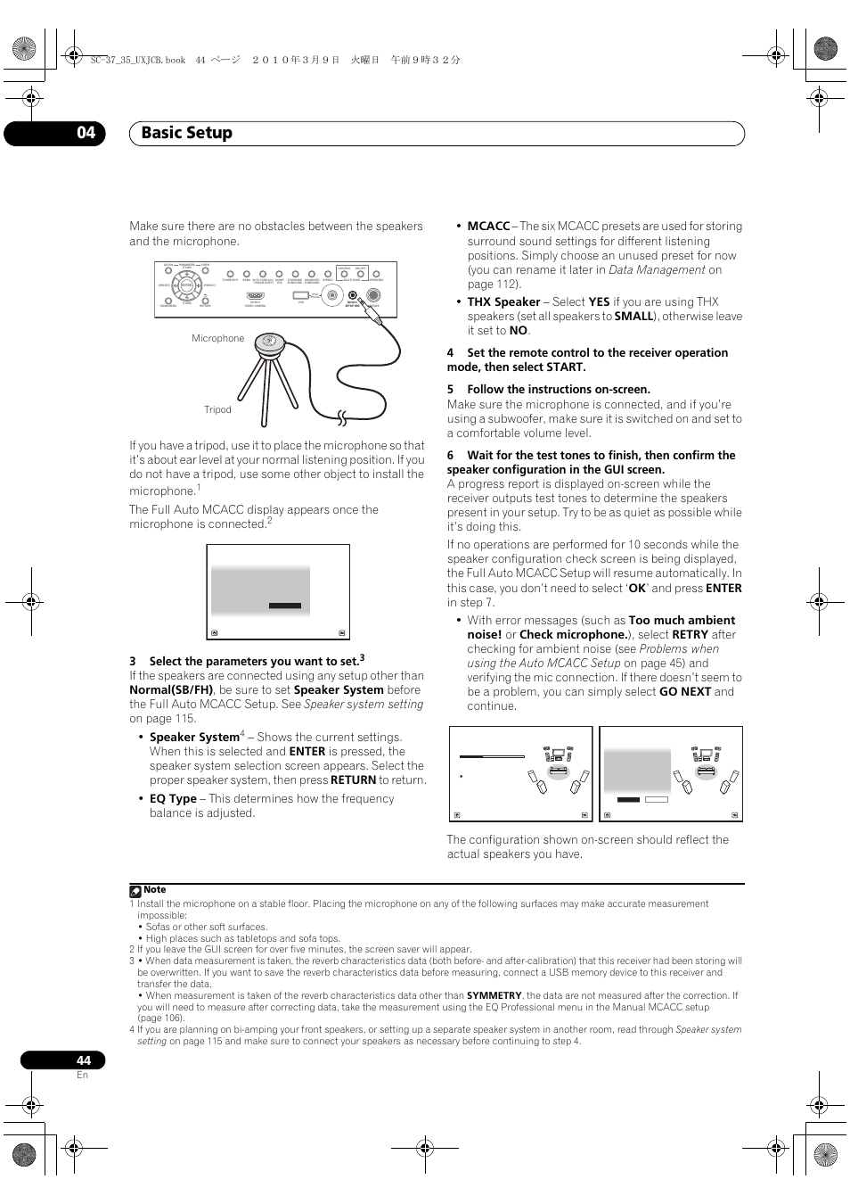 Basic setup 04, 3select the parameters you want to set, Microphone tripod | Pioneer Elite SC-35 User Manual | Page 44 / 148