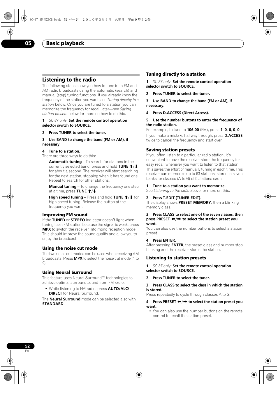 Listening to the radio, Improving fm sound, Using the noise cut mode | Using neural surround, Tuning directly to a station, Saving station presets, Listening to station presets, Basic playback 05 | Pioneer Elite SC-35 User Manual | Page 52 / 148