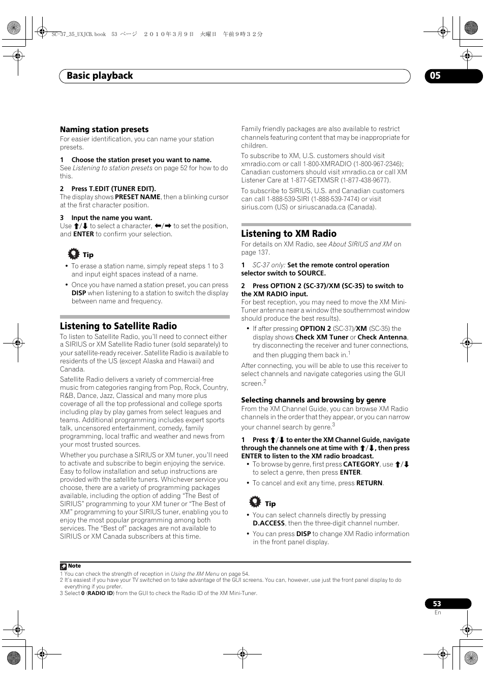 Naming station presets, Listening to satellite radio, Listening to xm radio | Basic playback 05 | Pioneer Elite SC-35 User Manual | Page 53 / 148